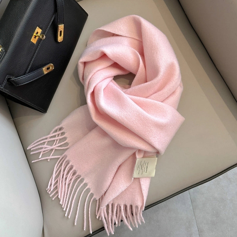 White Pure Wool Scarf Female Winter Student Warm Scarf New Versatile Tassel Narrow Scarf Couple