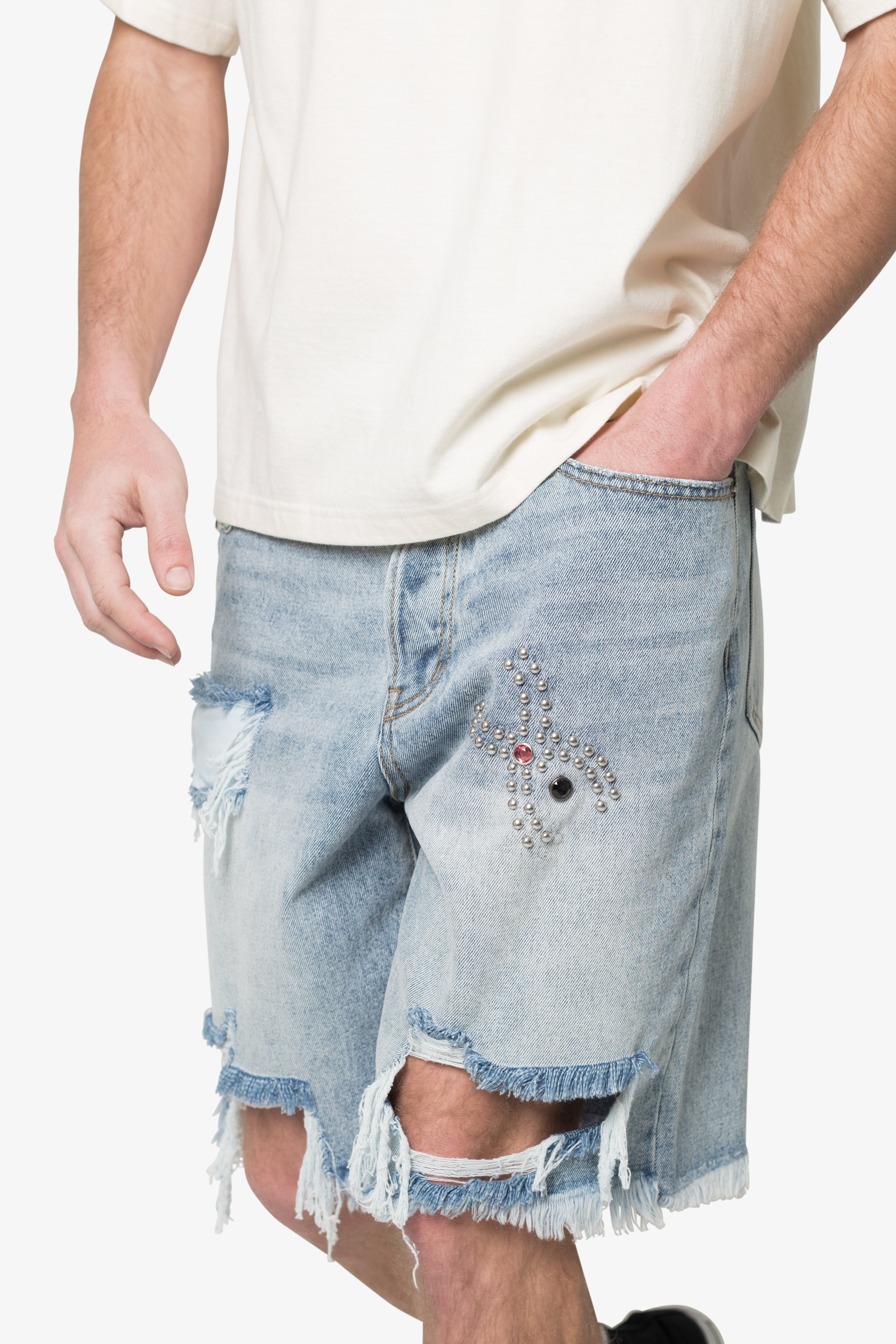 Distressed Spider Denim Shorts - Light Blue