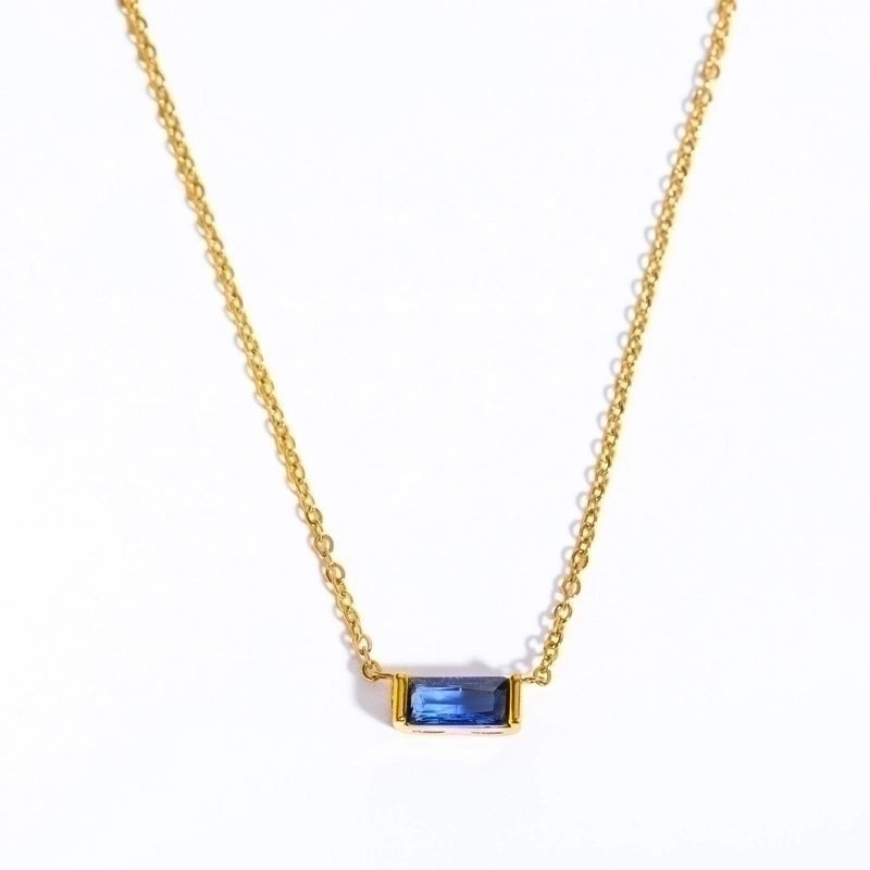 201 Stainless Steel Retro Inlay Rectangle Birthstone Zircon Pendant Necklace