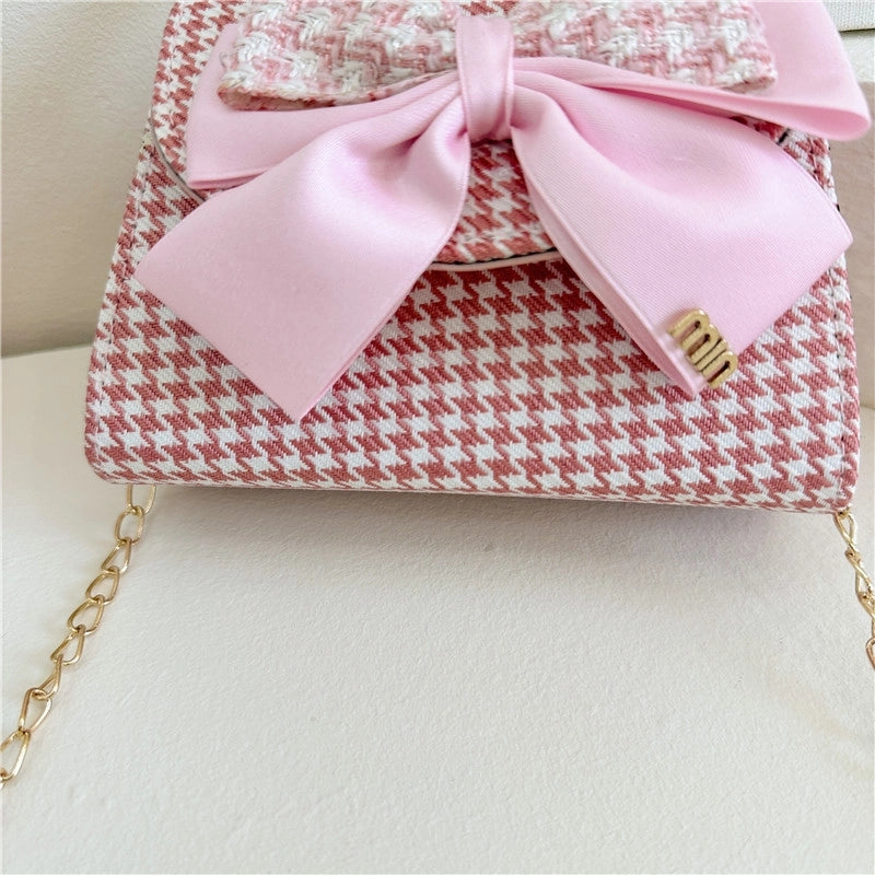 Girl's Pu Leather Houndstooth Bow Knot Cute Pearls Sewing Thread Square Magnetic Buckle Handbag
