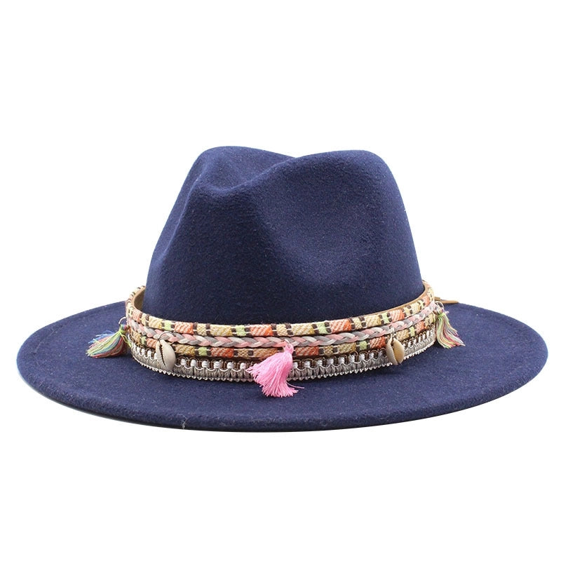 Hot Sale Woolen Hat Tassel Ethnic Style Jazz Hat Retro Flat Brim Big Brim Hat