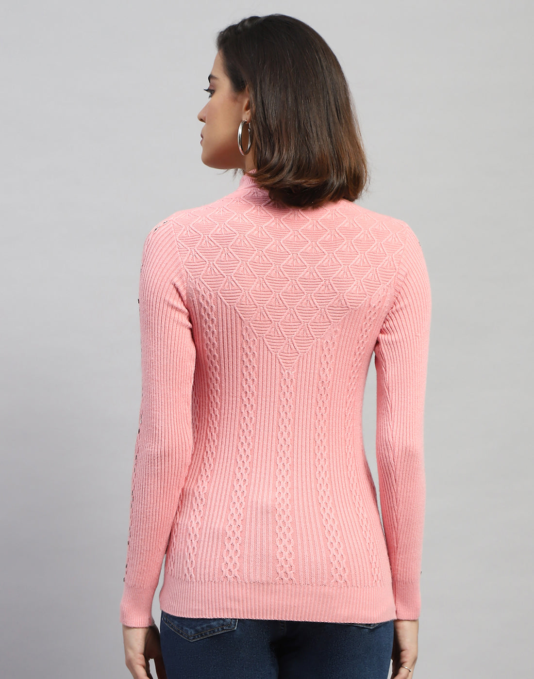 Women Pink Self Design High Neck Full Sleeve Sceavy