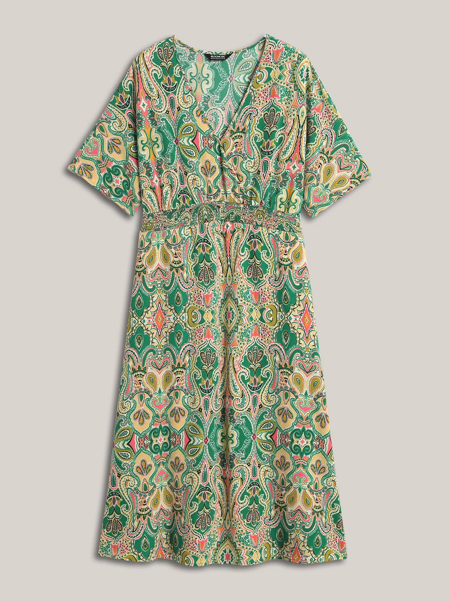 Paisley Print Shirred Pockets Midi Dress