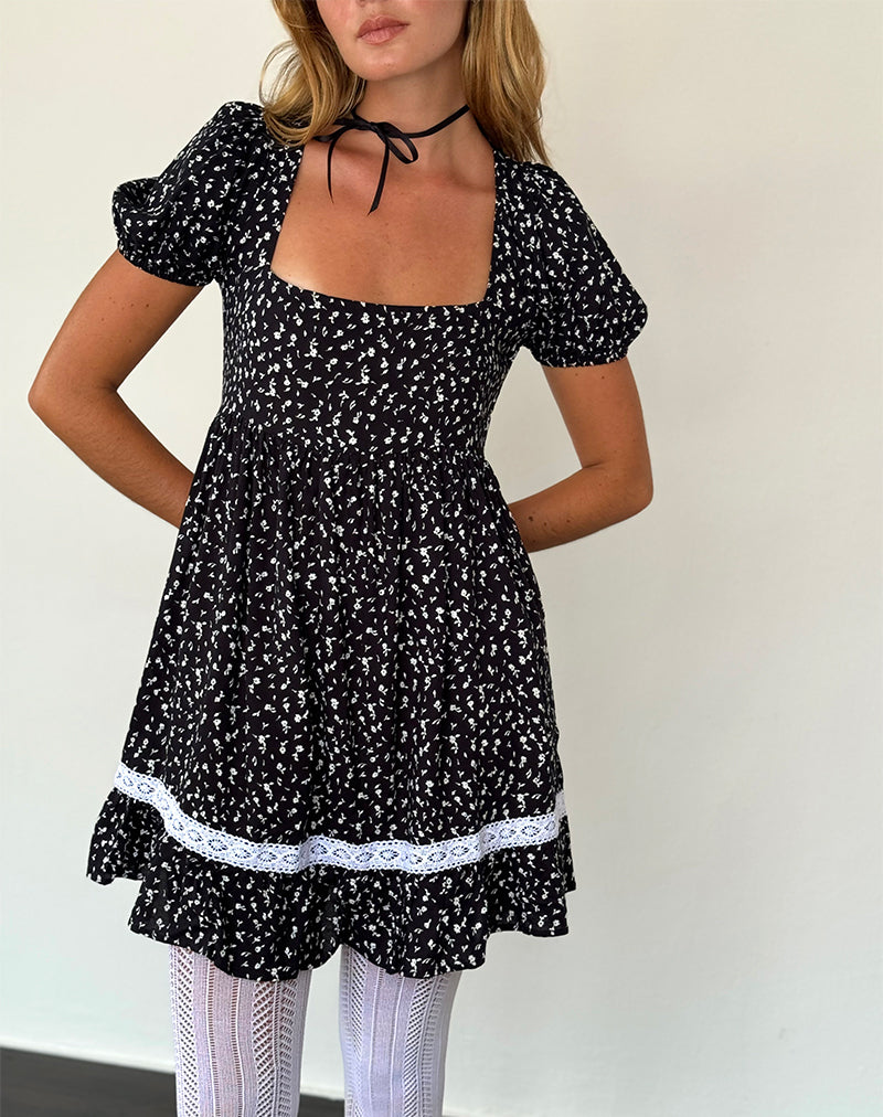 Beling Mini Tea Dress in Black Ditsy Romance