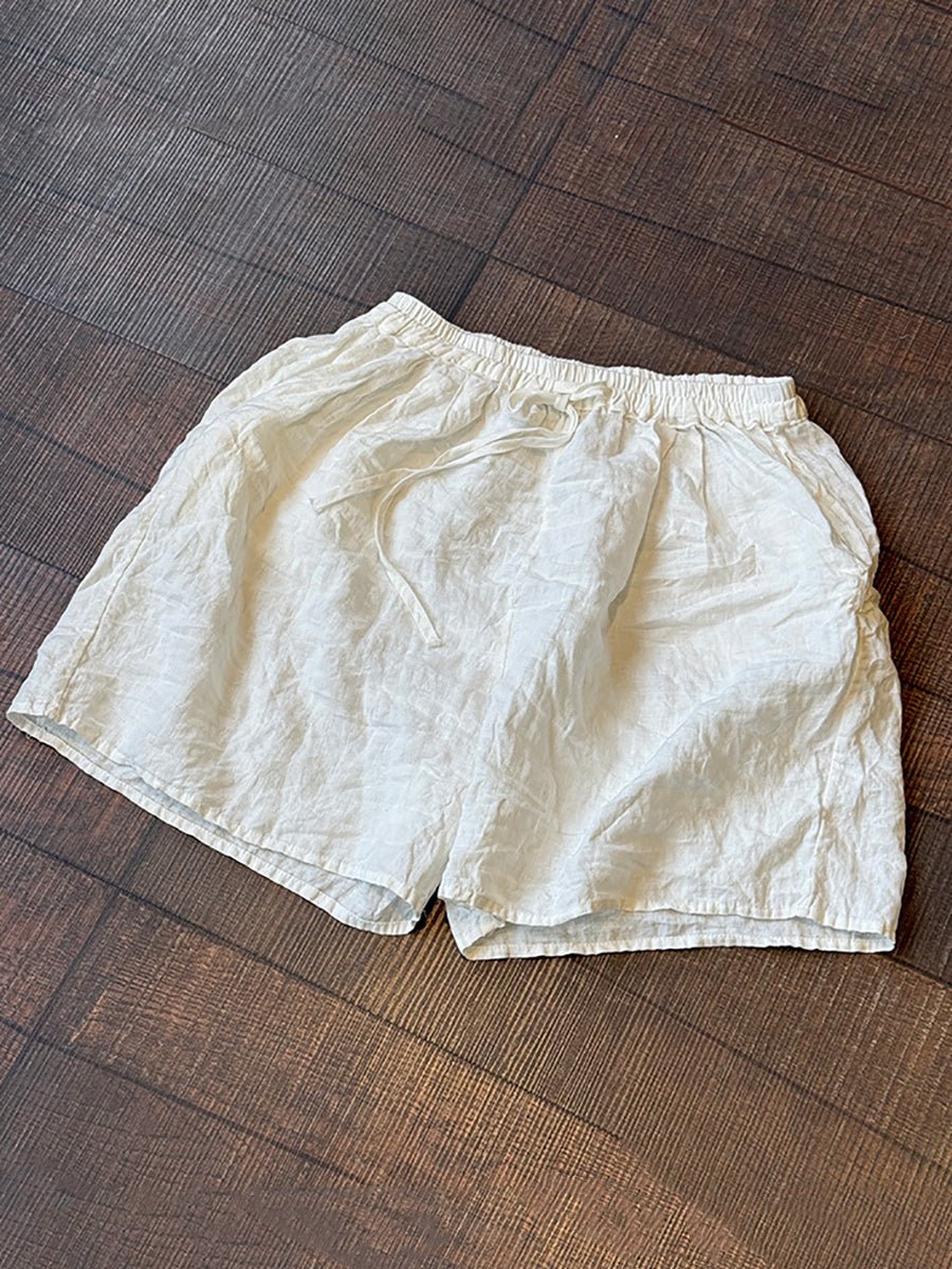Women Summer Vintage Pure Color Linen Fifth Pants