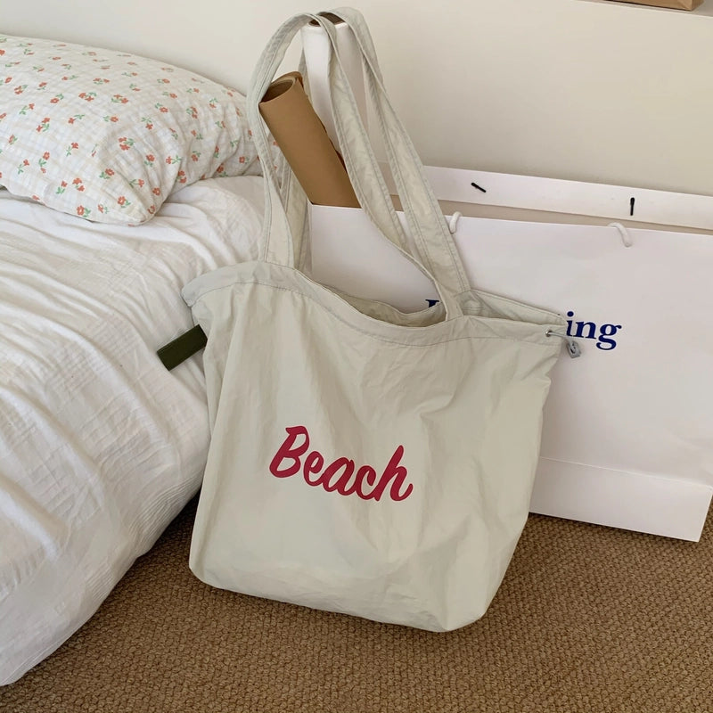 Women's Large Nylon Letter Elegant Streetwear Square String Tote Bag