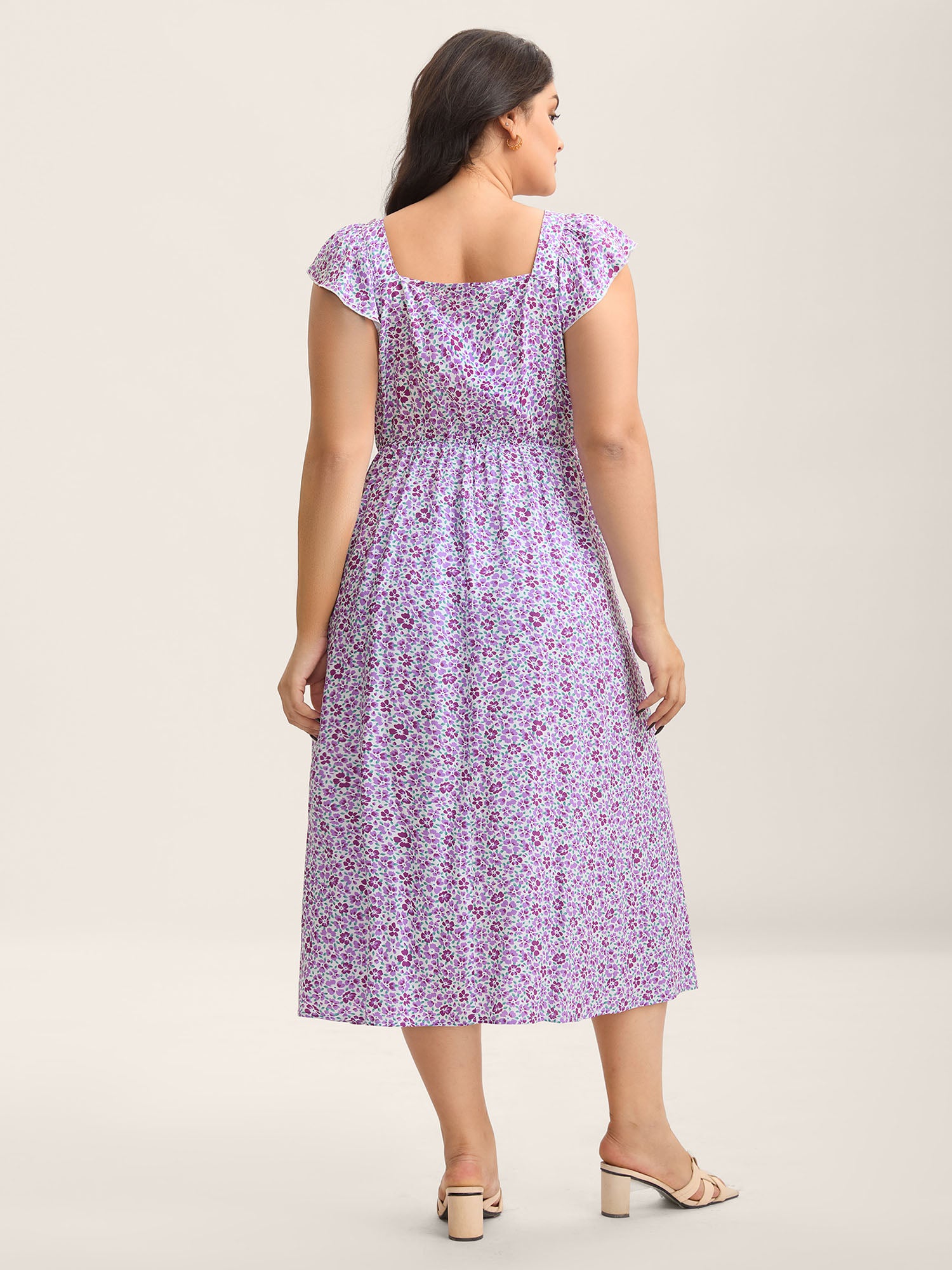 Soft Floral Print Pockets Ruffled Midi Dress