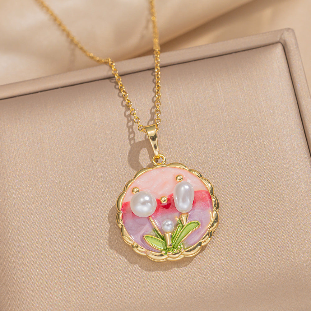 Retro Oil Drop Baroque Freshwater Pearl Enamel High-Grade Painted Flower Pendant Necklace