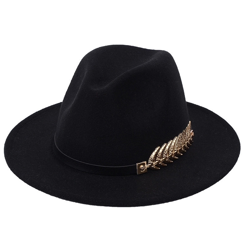 Metal Leaf Women's Woolen Hat Jazz Hat Autumn And Winter British Retro Top Hat Women