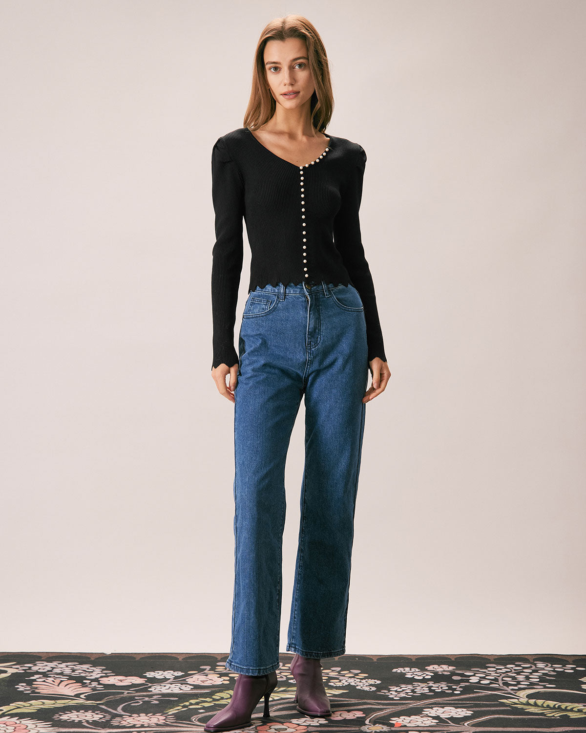 The Black V Neck Pearl Button Knit Top