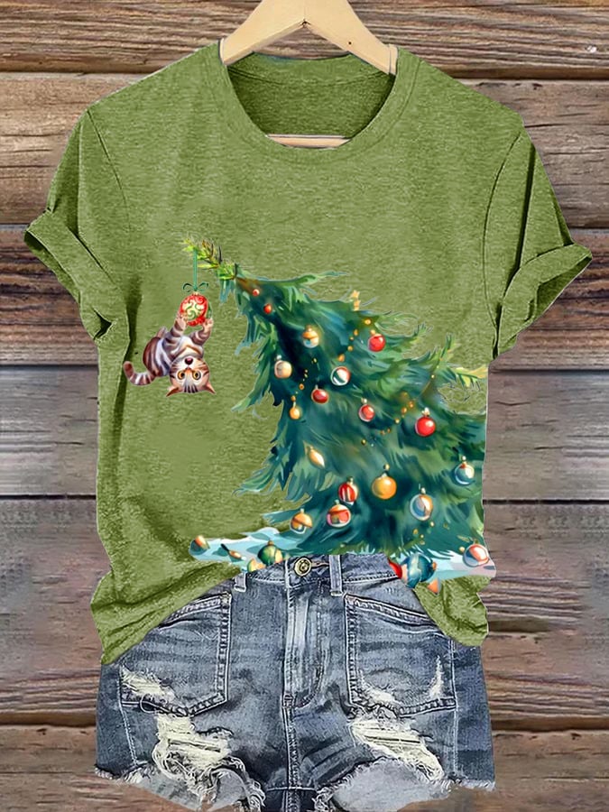 Women's Cat On Christmas Tree Christmas Print Round Neck Short Sleeve T-Shirt