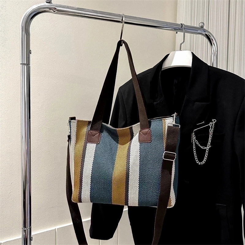 Women's Large Canvas Stripe Vintage Style Square Zipper Crossbody Bag