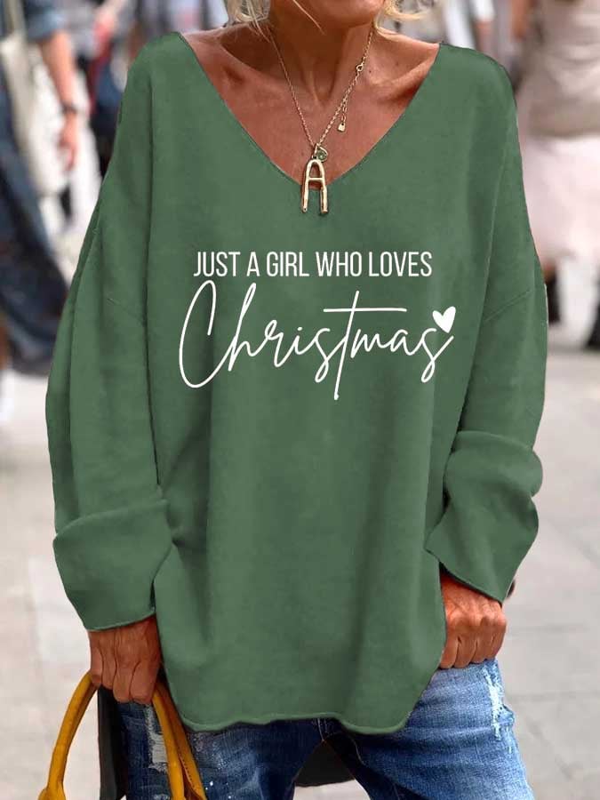 Women's Just A Girl Who Loves Christmas Print V-Neck T-Shirt