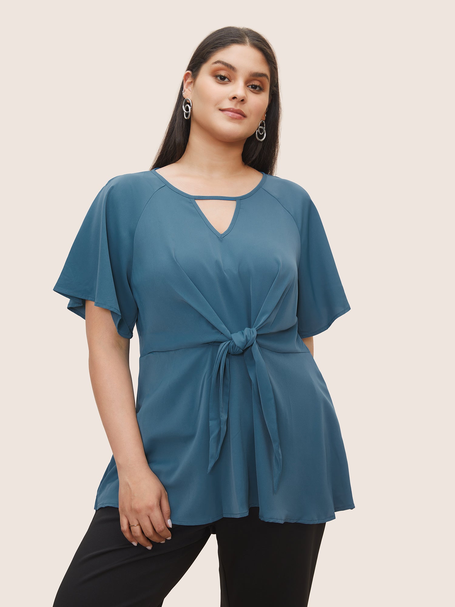 Plain Keyhole Knotted Front Ruffle Sleeve Blouse