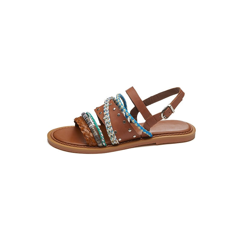 Fashion Woven Leather Roman Style Slingback Flat Sandals with Studs in Black/Brown/Beige