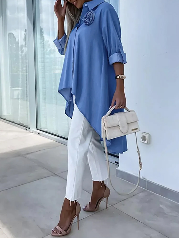 Half Sleeves High-Low Buttoned Pockets Solid Color Lapel Blouses&Shirts Tops