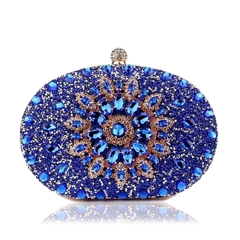 Red Green Blue Pu Leather Polyester Flower Rhinestone Oval Evening Bags