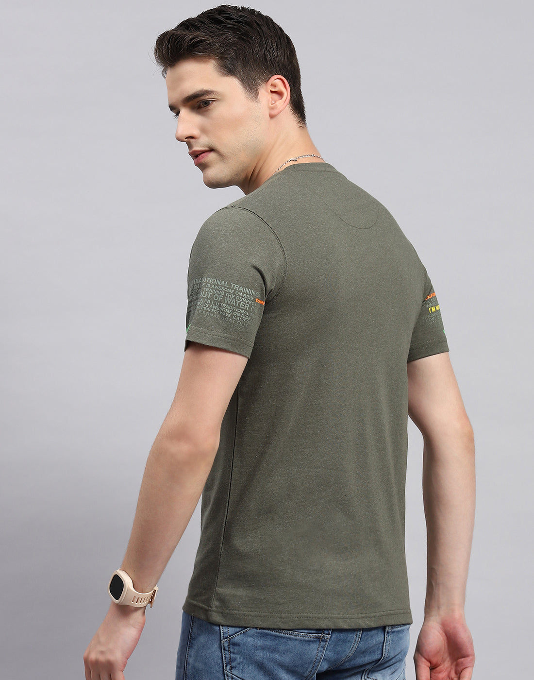 Men Olive Printed Round Neck Half Sleeve T-Shirt