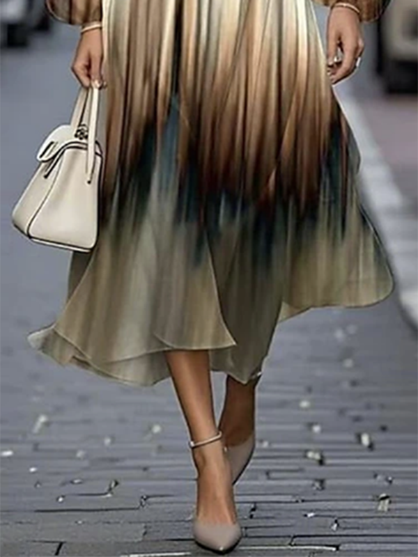 Loose Puff Sleeves Gradient Pleated Split-Joint V-Neck Evening Dresses Midi Dresses