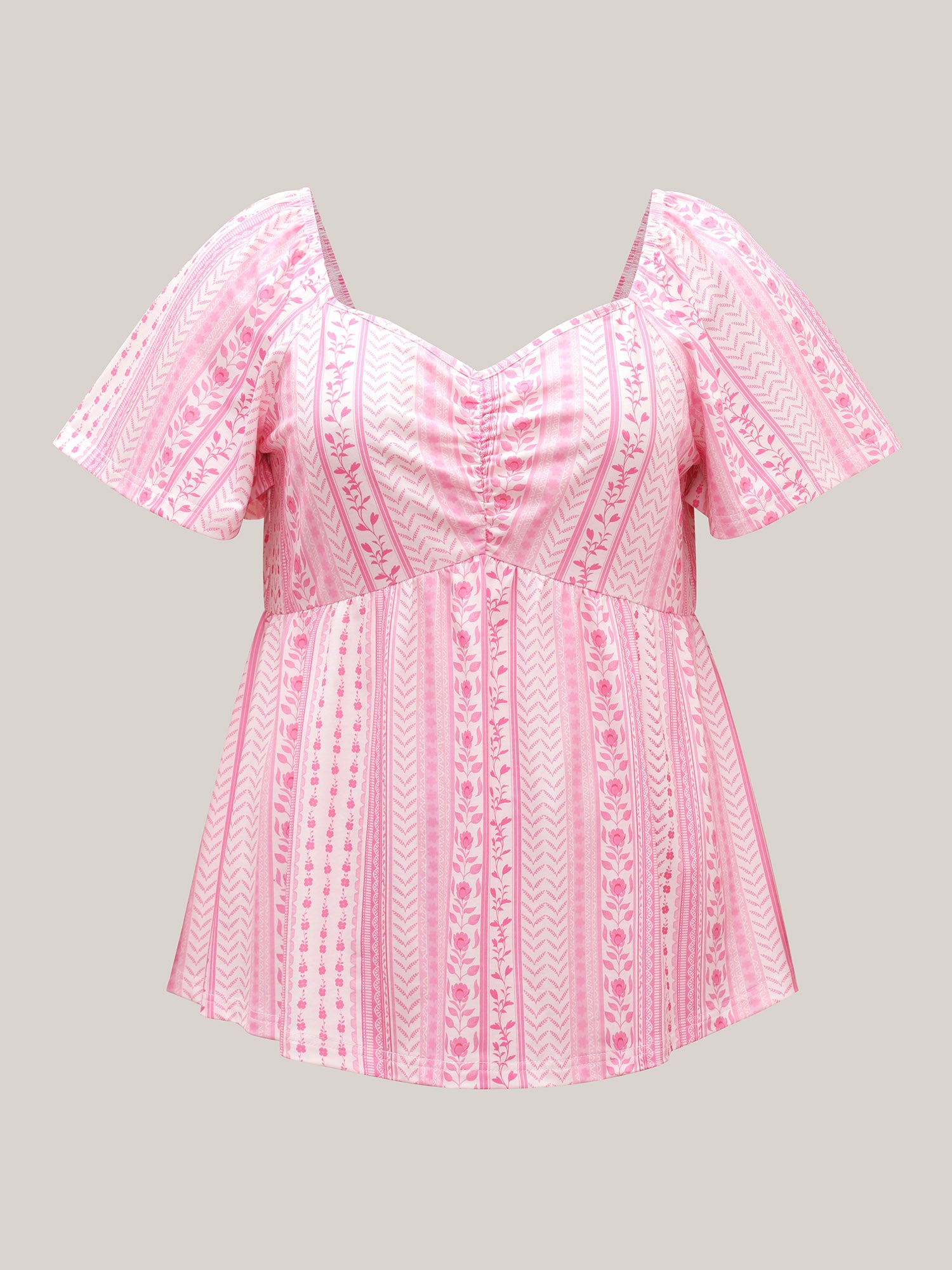 Floral Stripes Pleated Sweetheart Neck Top