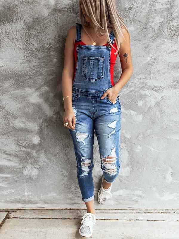 Ripped Stretch Denim Jumpsuit