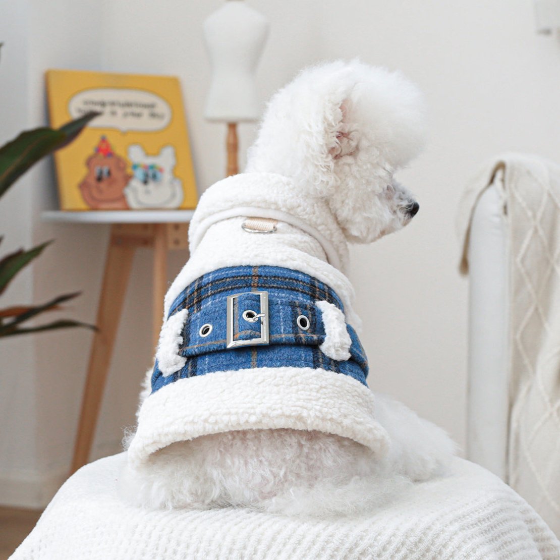 Plaid Pattern Belt Fleece Warm Dog Harness Jacket