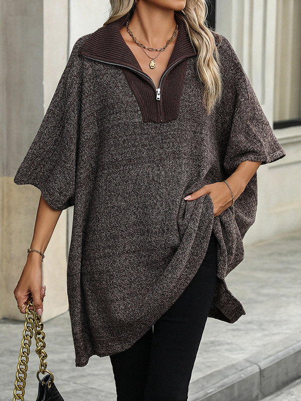 Loose Three-Quarter Sleeves Split-Joint Zipper V-Neck Sweater Tops
