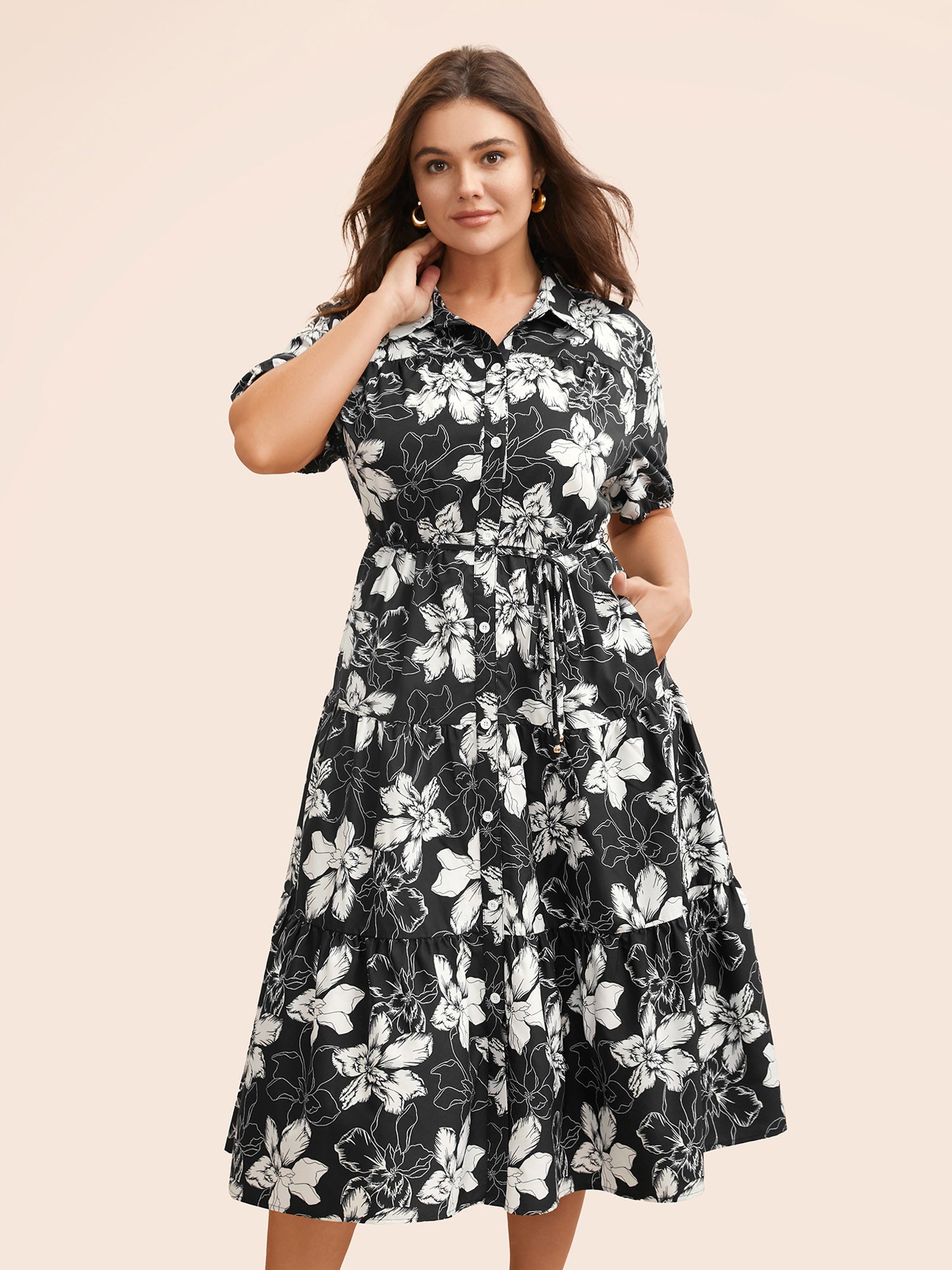 Floral Shirt Collar Belted Midi Dress