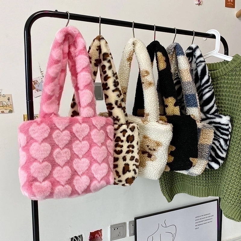 Women's Medium Cotton Plush Cartoon Heart Shape Leopard Cute Square String Shoulder Bag