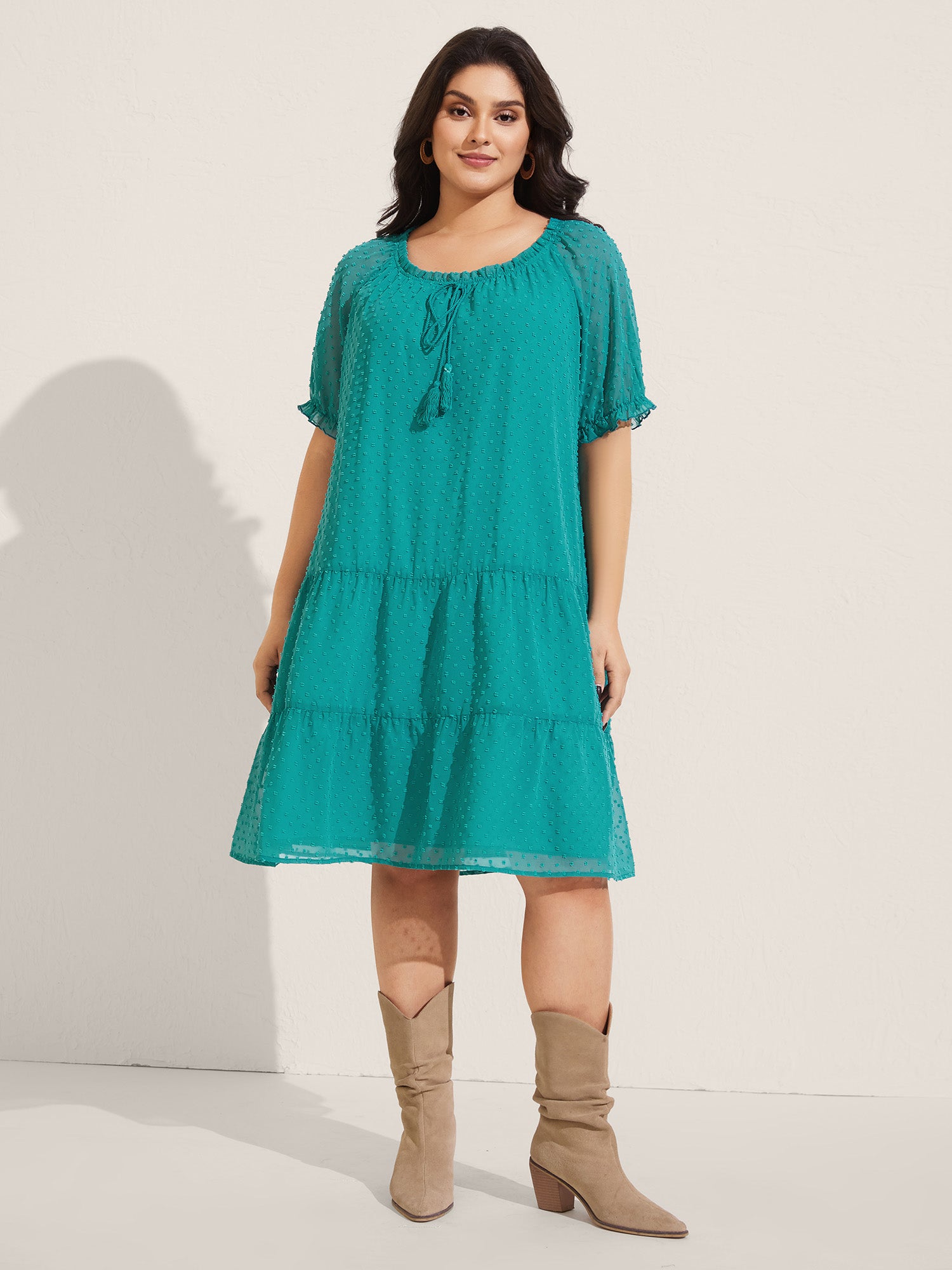 Polka Dot Texture Tiered Tassel Midi Dress