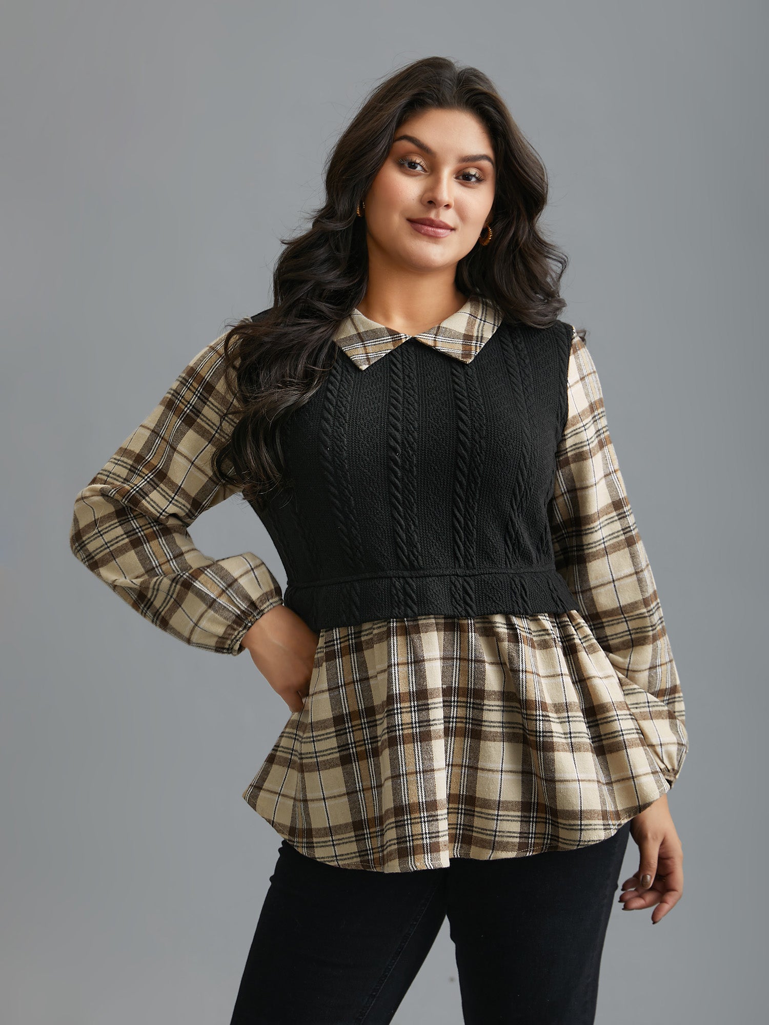 Plaid Patchwork Texture Lantern Sleeve Blouse