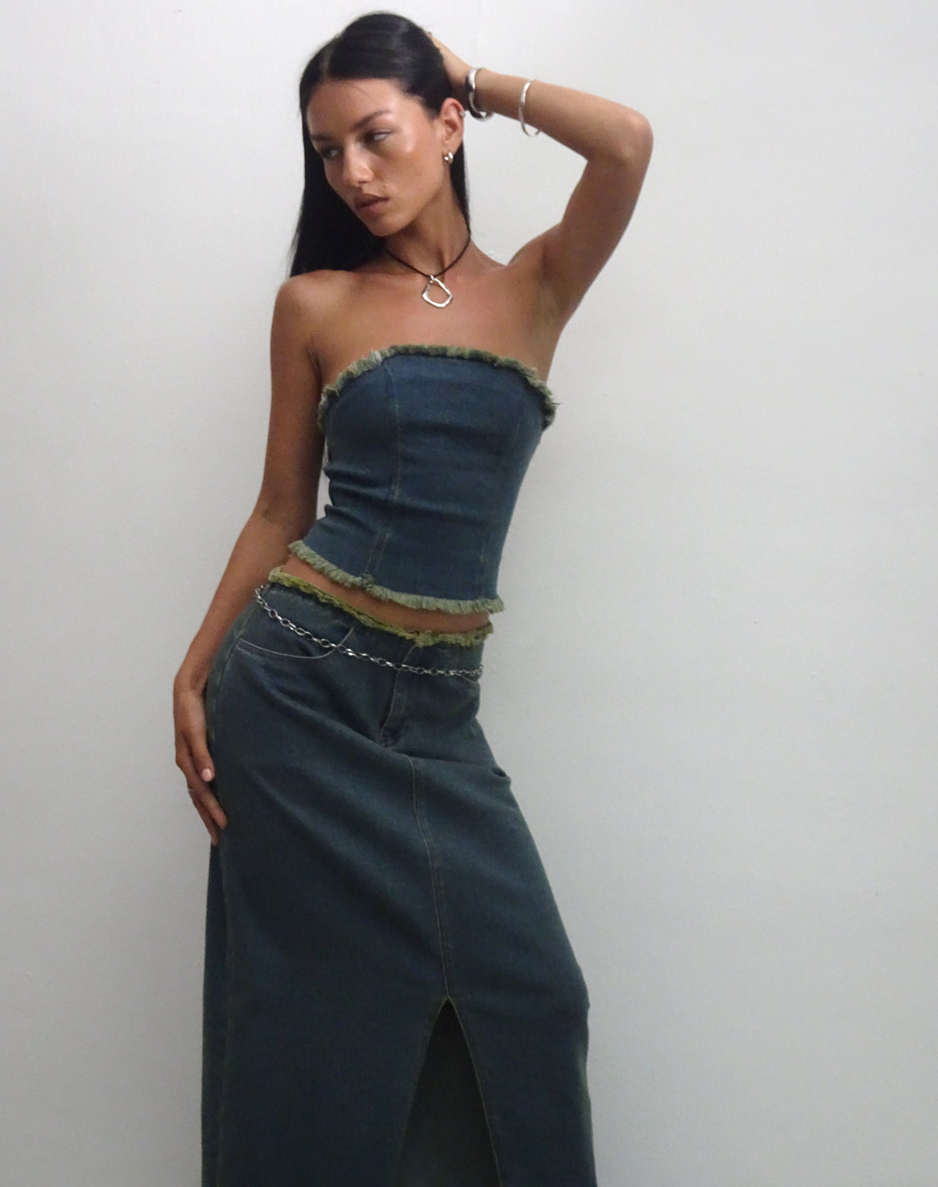 Omas Denim Bandeau Top in Brown Blue Acid Wash