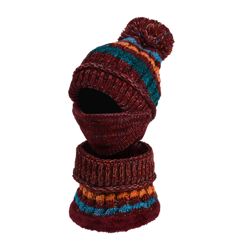 Three-Piece Fleece And Color-Block Knitted Hat. Scarf And Mask