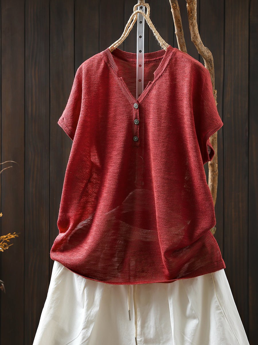 Women Summer Casual Pure Color Knitted V-Neck Shirt