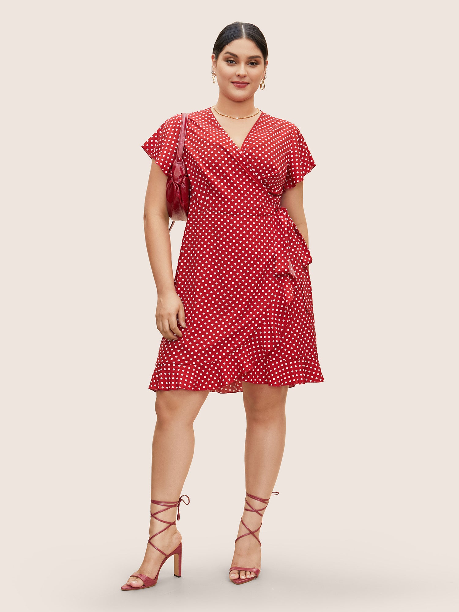 Polka Dot Wrap Ruffle Sleeve Tie Knot Dress