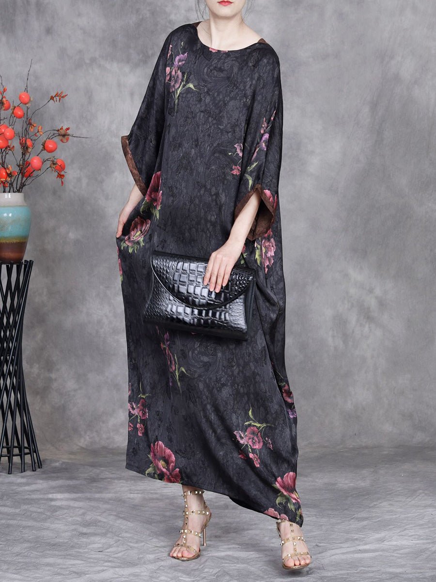 Women Summer Vintage Flower Batwing Sleeve O-Neck Loose Dress