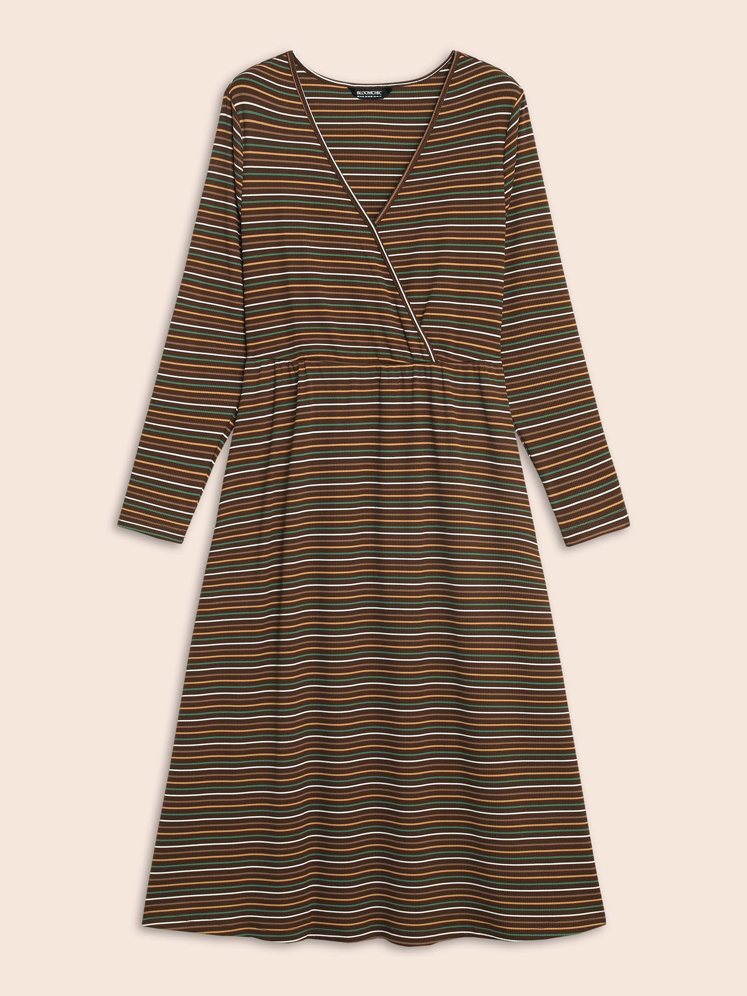 Striped Overlap Collar Midi Dress