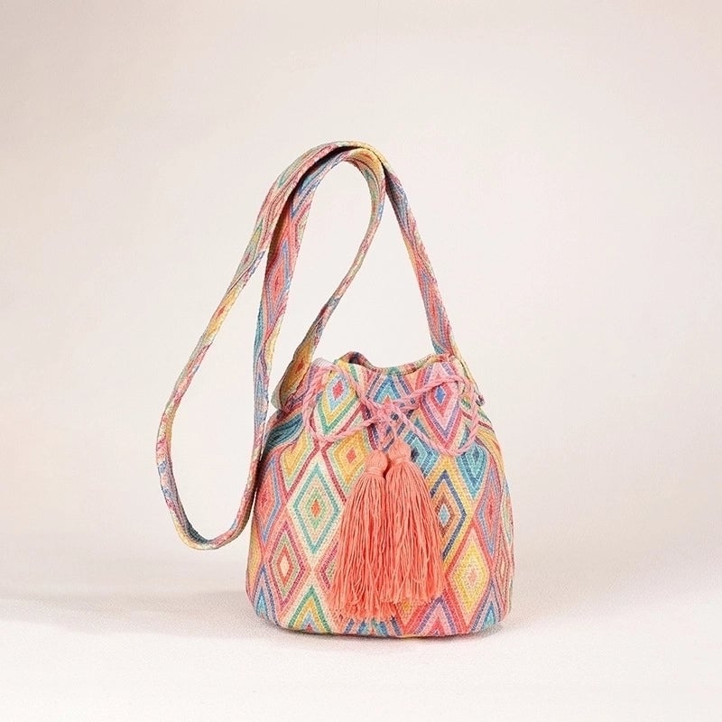 Women's Medium Canvas Geometric Ethnic Style Bucket Open Bucket Bag