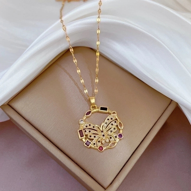 Minimalist Butterfly Titanium Steel Copper Plating Inlay Zircon Pendant Necklace