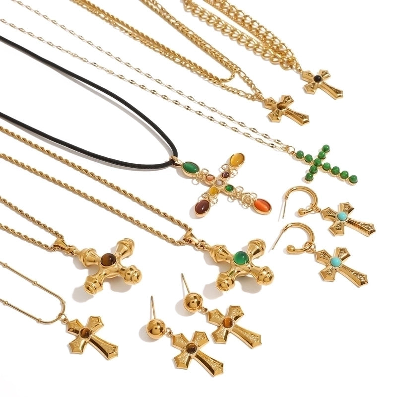 Minimalist Classic Style Cross 304 Stainless Steel Natural Stone Rhinestones Zircon 18K Gold Plated Pendant Necklace
