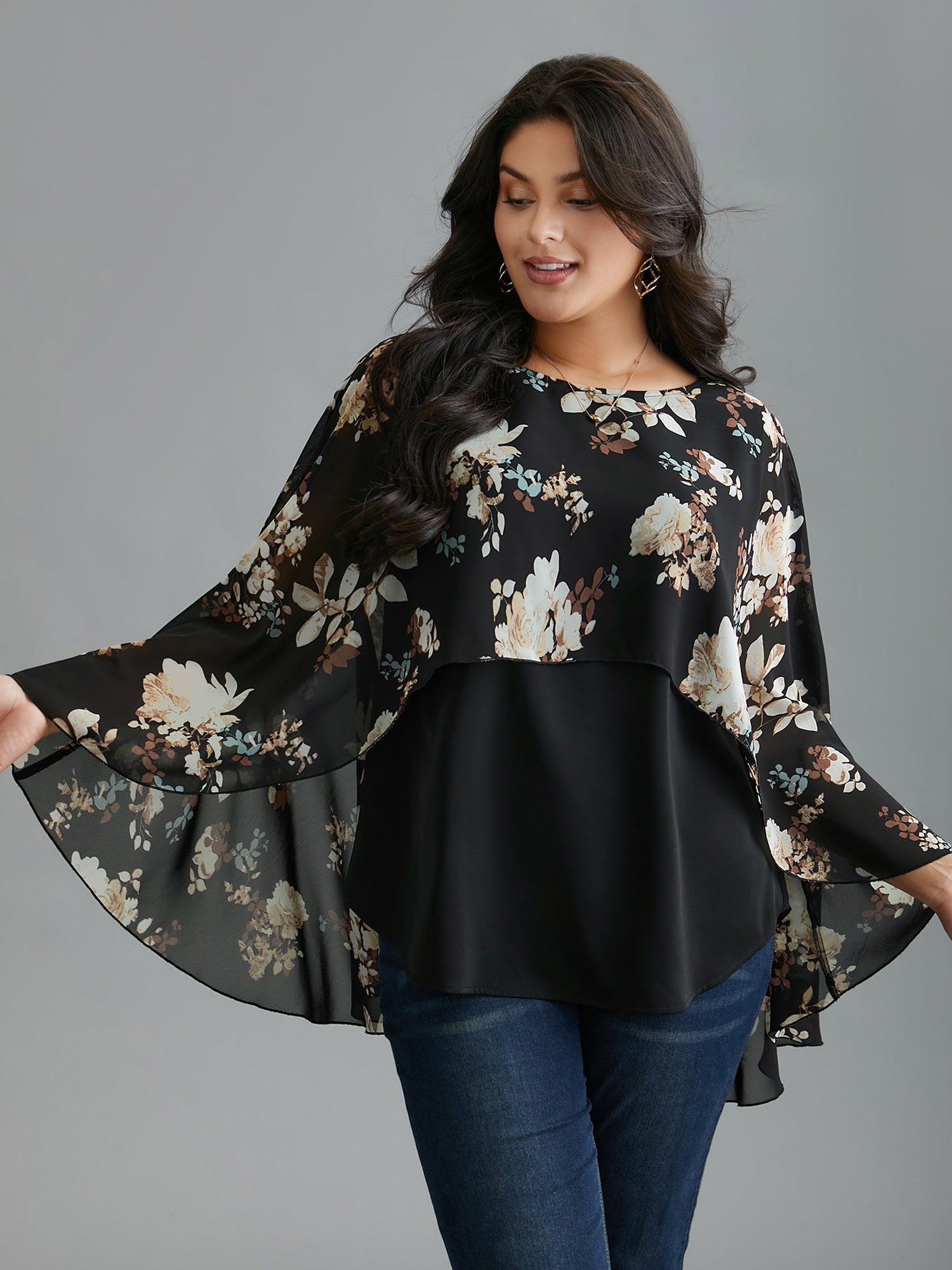 Floral Chiffon High Low Hem Ruffles Blouse