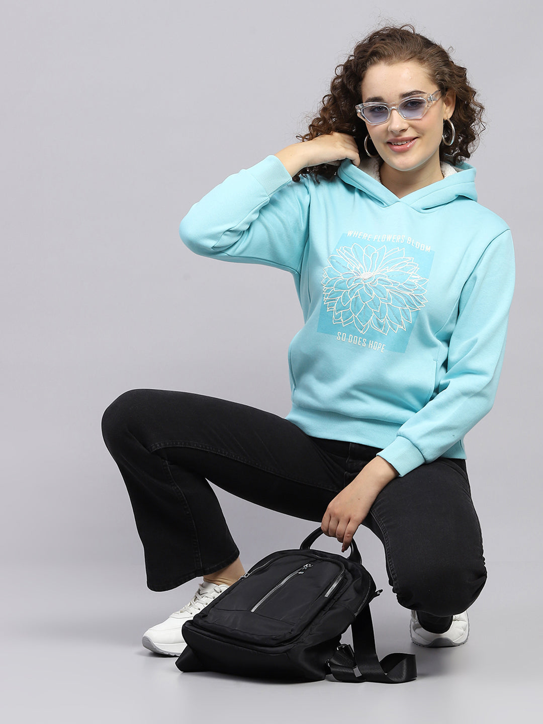 Women Blue Printed Hooded Full Sleeve Sweatshirt