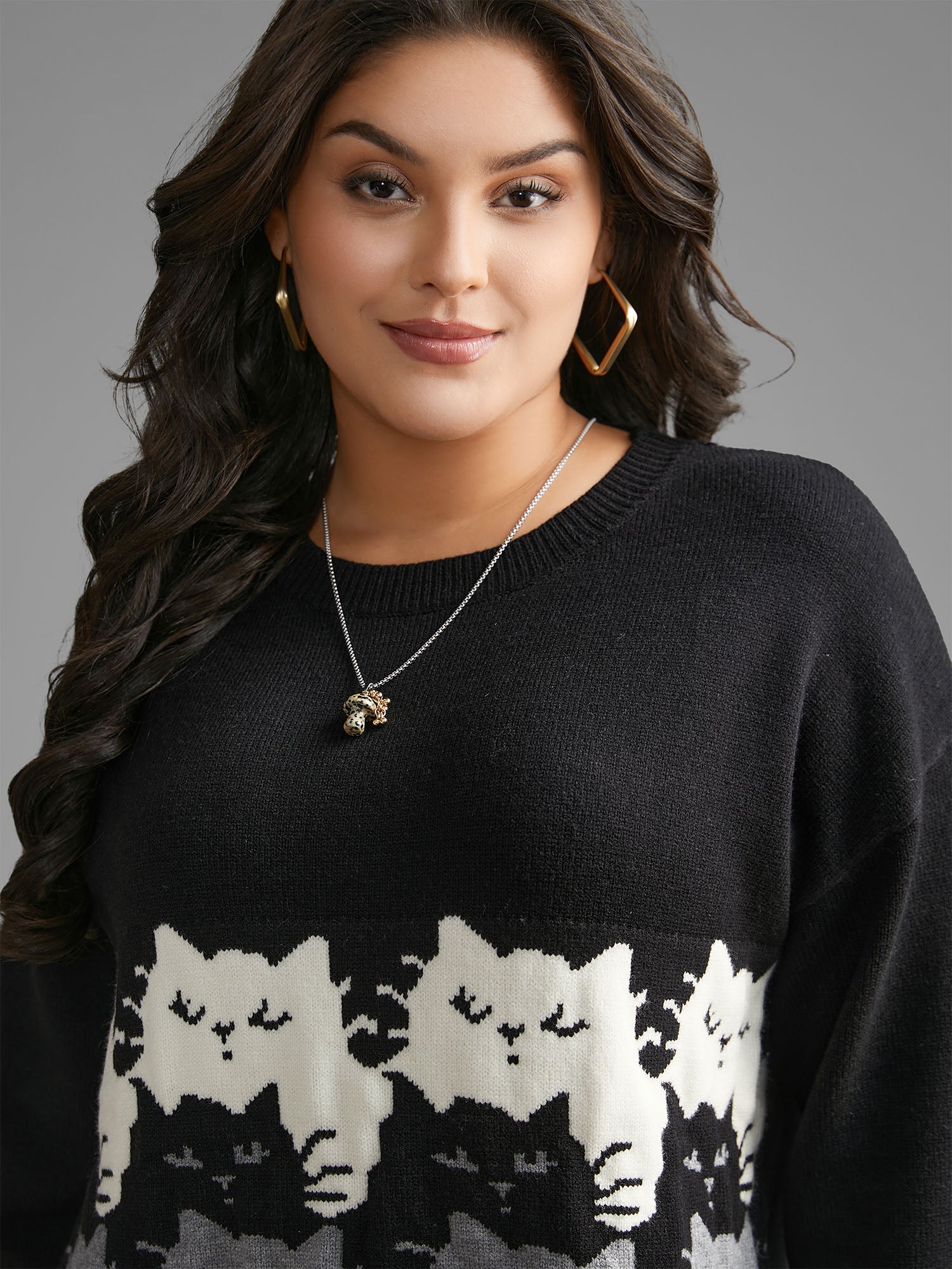 Cat Contrast Drop Shoulder Pullover