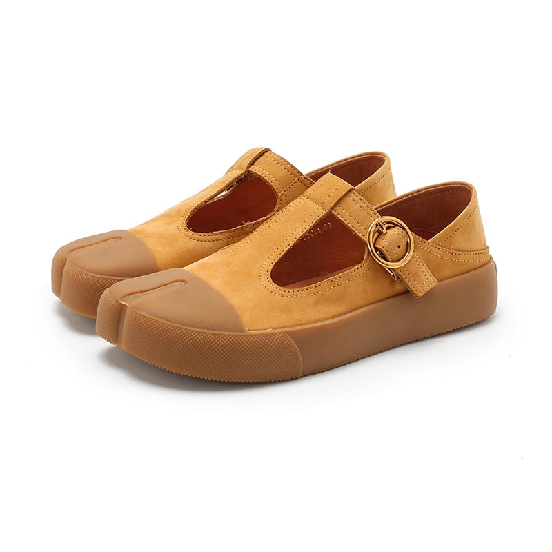Retro Leather Flat T Strap Mary Jane Shoes For Women Round Toe Khaki/Brown/Yellow/Cameo Brown