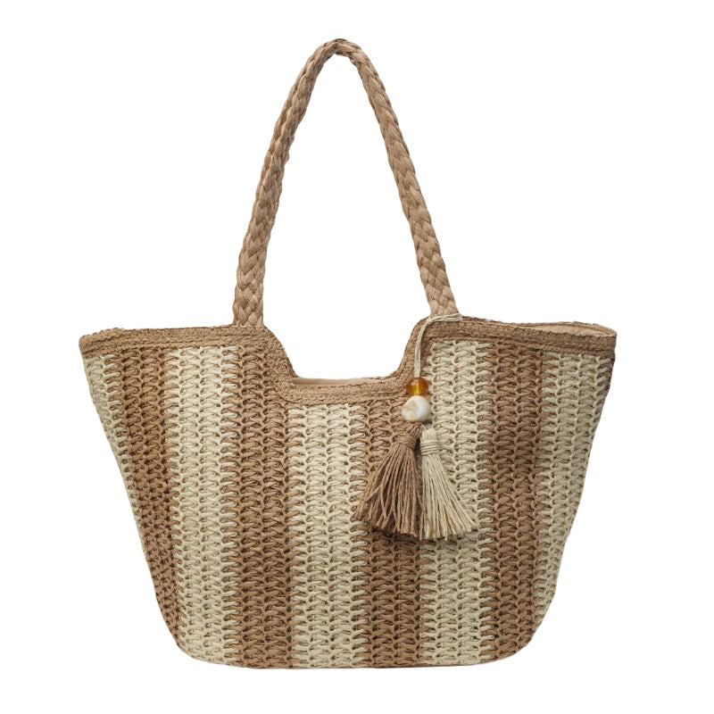 Women's Medium Straw Stripe Beach Classic Style Weave Bucket Zipper Straw Bag