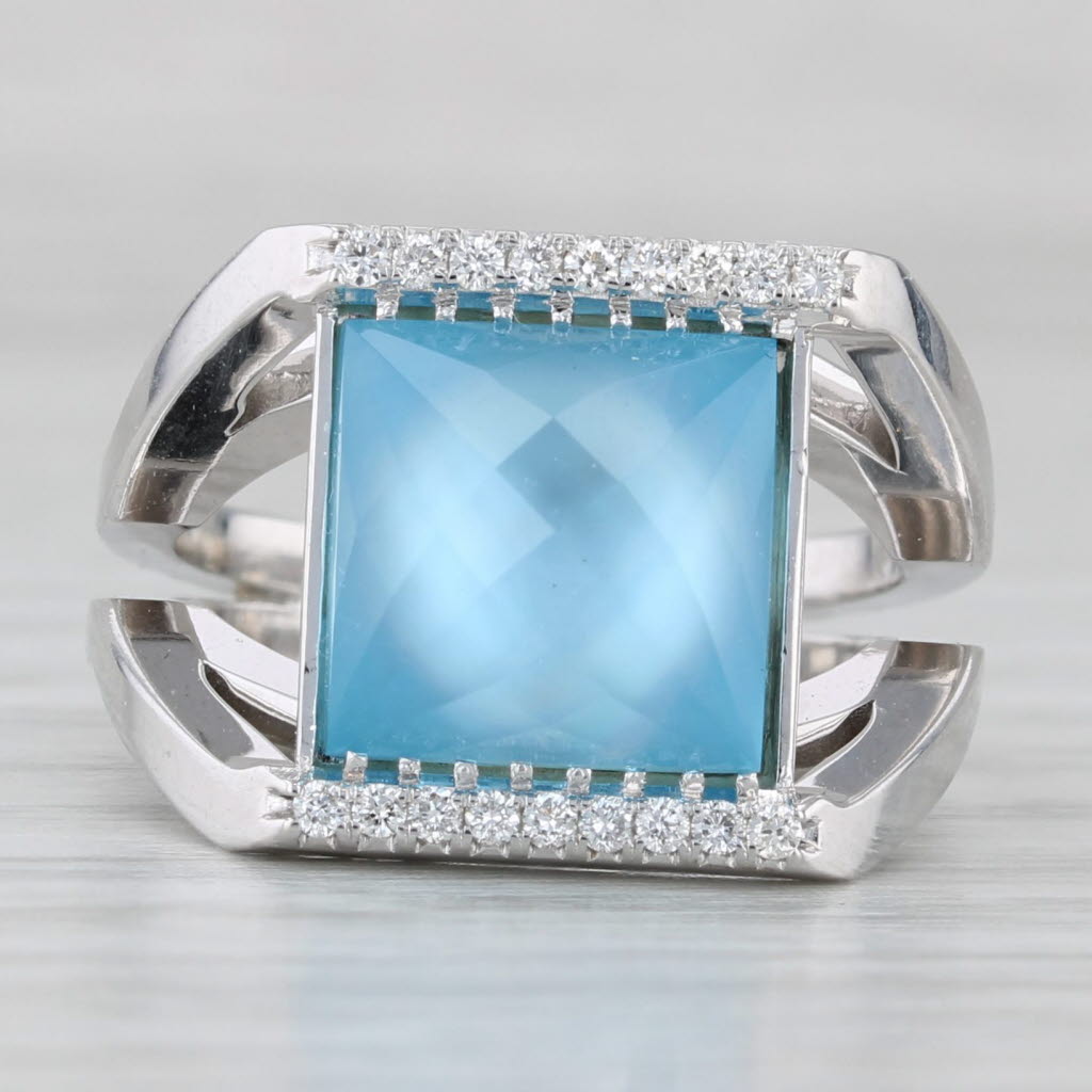 Blue Topaz Mother of Pearl Diamond Ring 18k White Gold Size 6.5