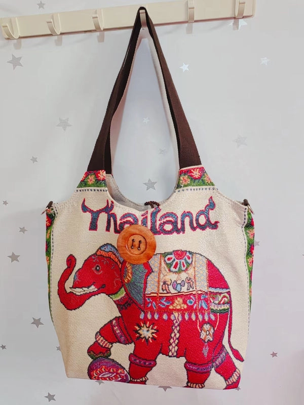 Women's Large Canvas Elephant Ethnic Style Square Zipper Shoulder Bag