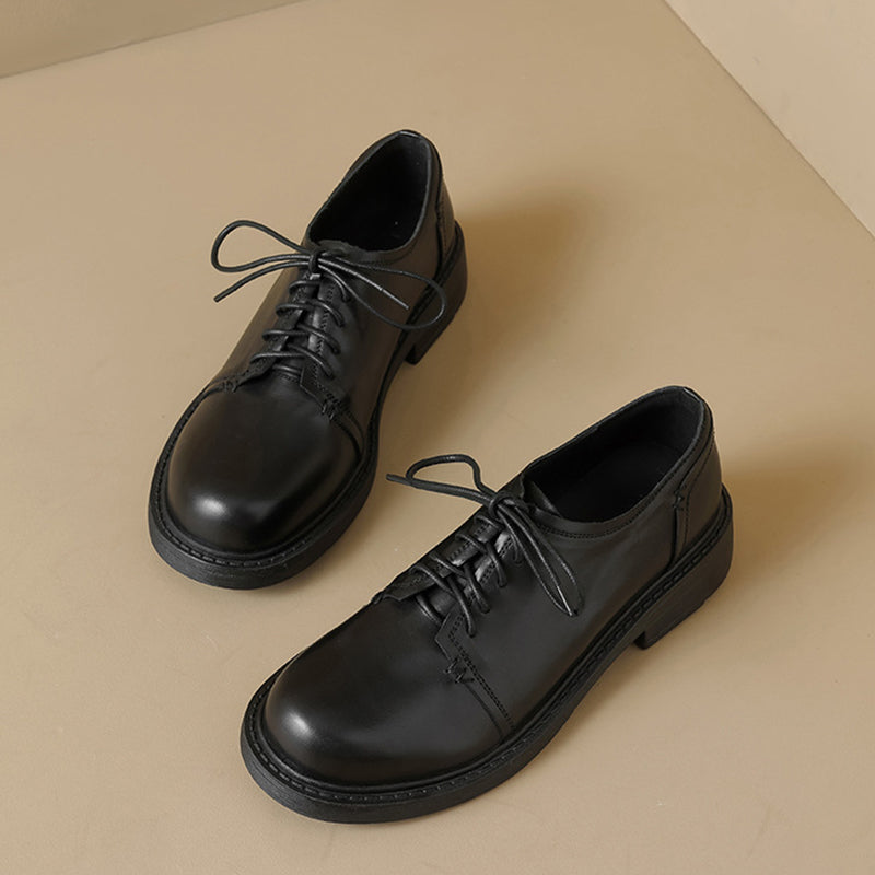 British Style Handmade Washed Cow Leather Soft Derby Shoes in Brown/Black