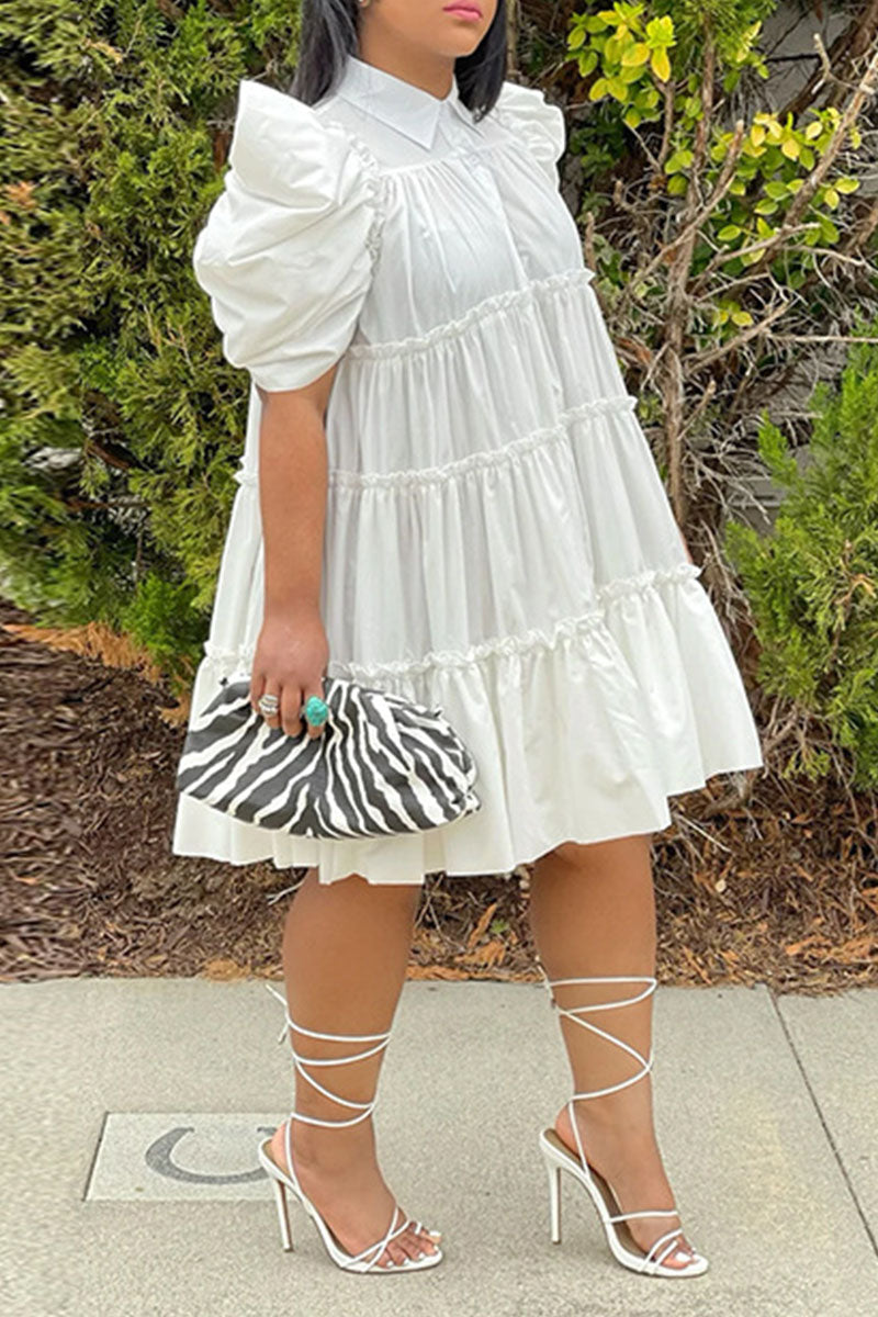 Casual Solid Patchwork Buckle Fold Turndown Collar A Line Dresses