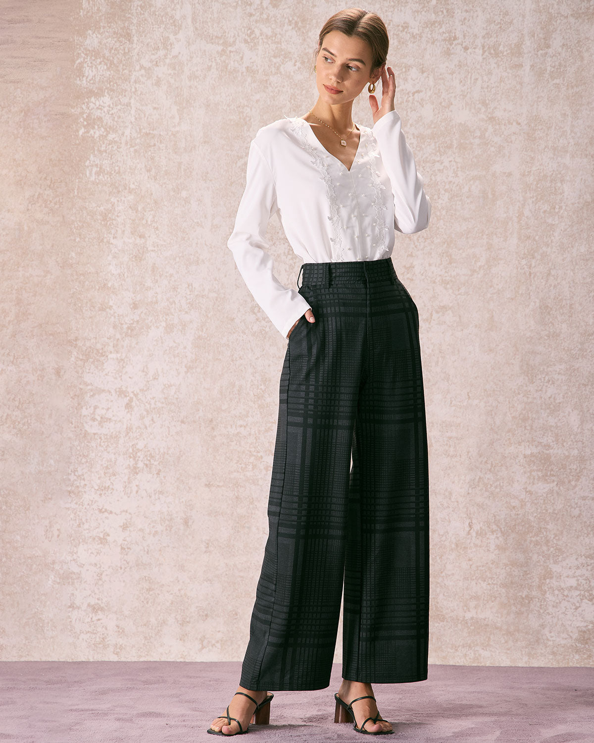 The Grey High Waisted Plaid Wide Leg Pants